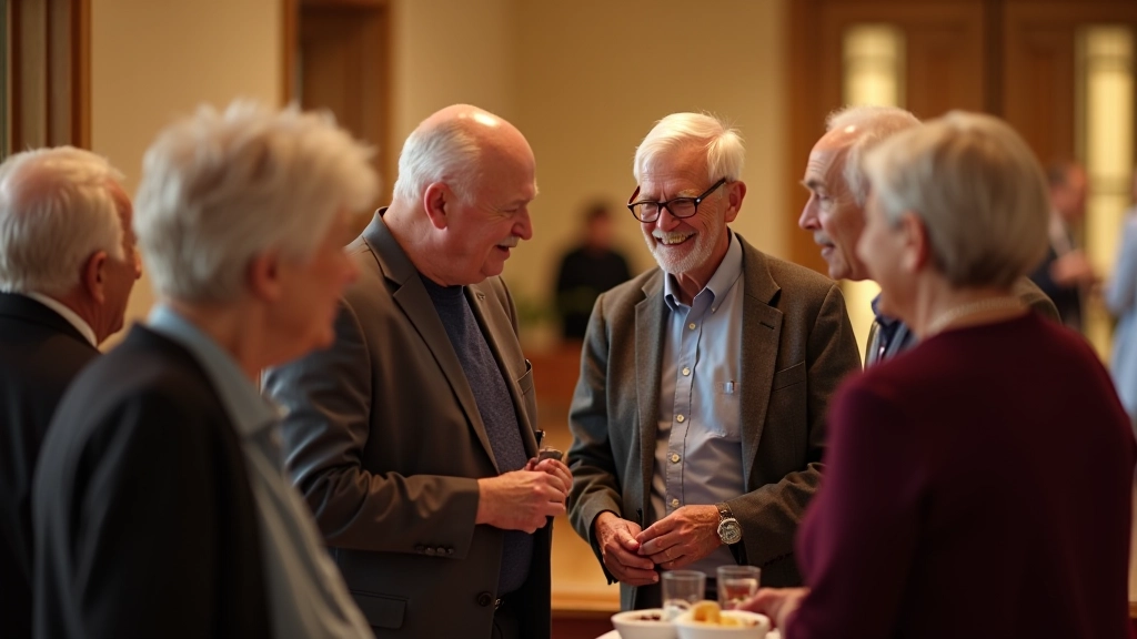 Group of diverse seniors enjoying social conversation and refreshments in a parish hall setting, relaxed and friendly atmosphere