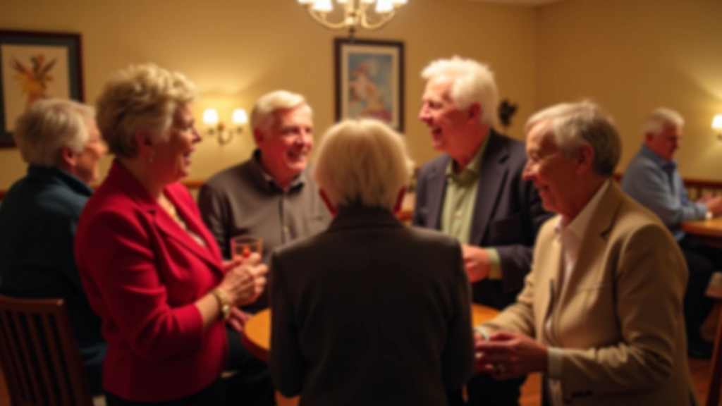 Group of seniors gathered in a community center, socializing and laughing together after a dance session