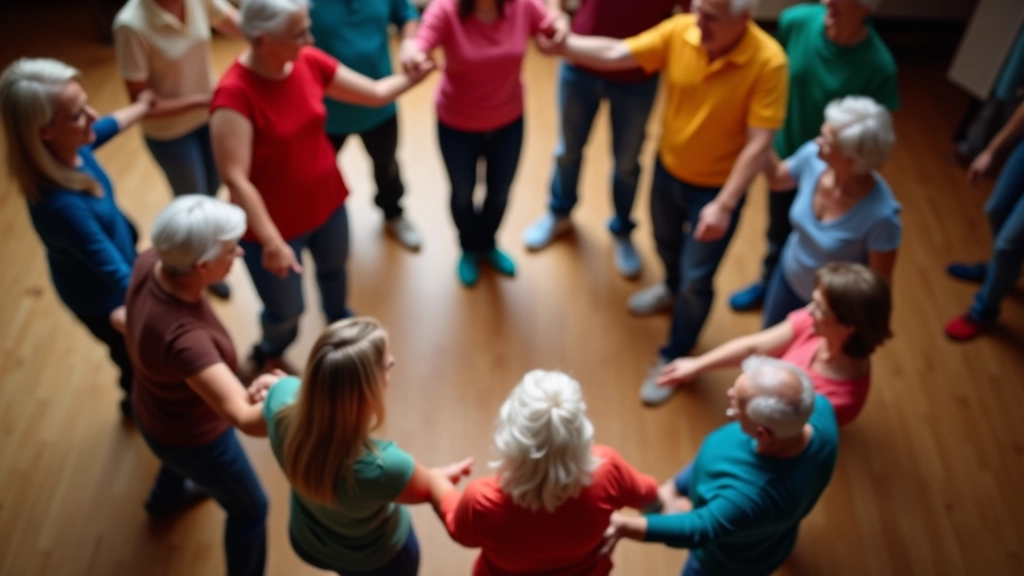 Group of mature dancers in a circle during a social dance event, engaged and smiling