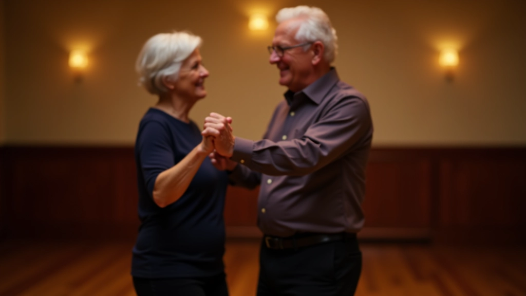 Senior couple dancing together at a social dance event, both smiling, demonstrating proper partner connection and frame in a warm, social setting