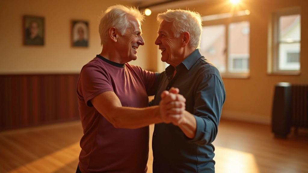 Senior couple dancing together in a bright dance studio with wooden floors