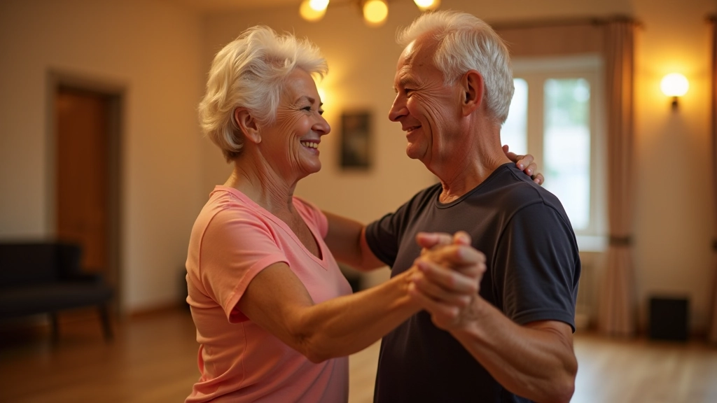 Senior couple dancing in a bright studio space, woman in casual dress with hand on man's shoulder, man leading with confident posture, both smiling