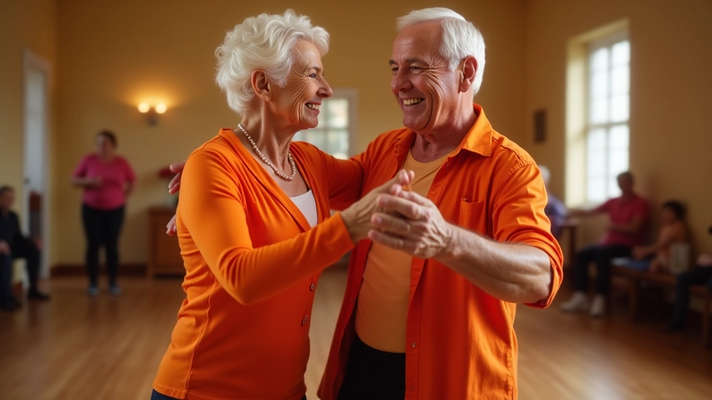 Senior man and woman dancing salsa with dynamic movement and elevated heart rate, both smiling and engaged
