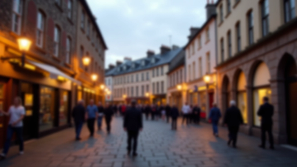 Tralee town square at dusk with warm street lighting, historic stone buildings, and people walking through pedestrian area