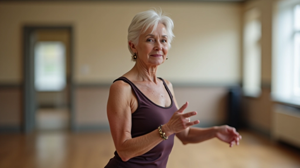 Senior woman in dance stance showing core engagement and balance control during a dance movement